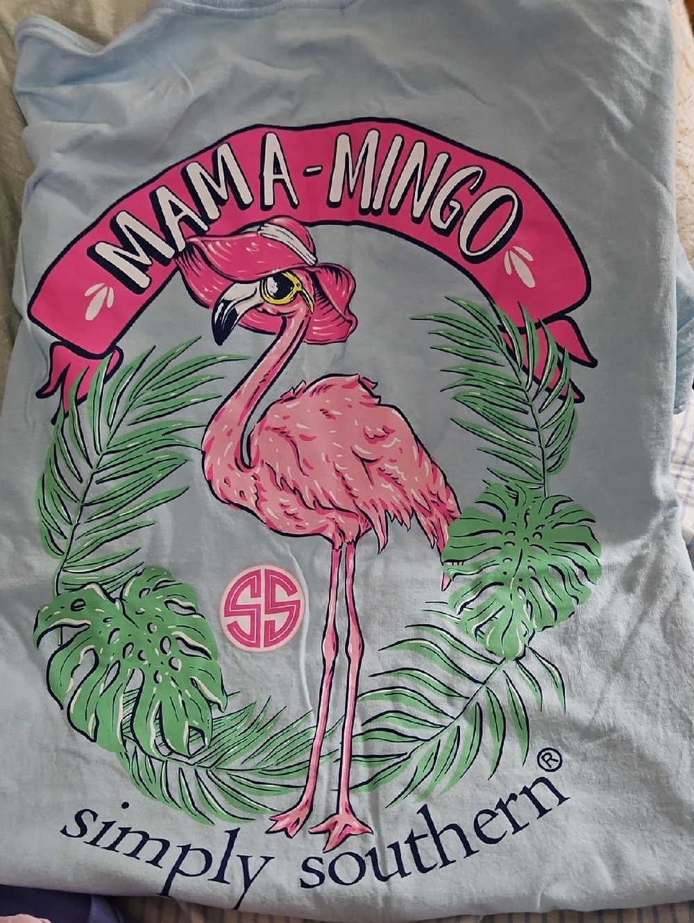 Simply Southern Light Blue Tee with Pink Flamingo Graphic